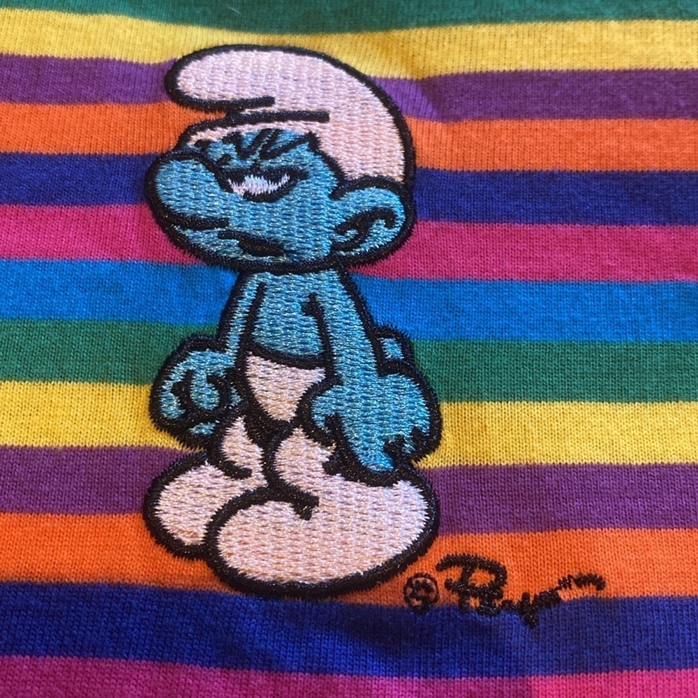 Smurfs Cotton Rainbow Stripe Short Sleeve T-Shirt Size Medium